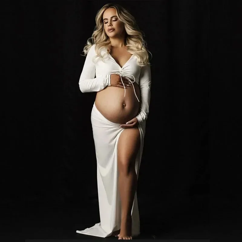 V-Neck Maternity Photoshoot Dress with Adjustable Drawstring - Pregnancy Gown for Baby Shower-Professional Maternity Photography