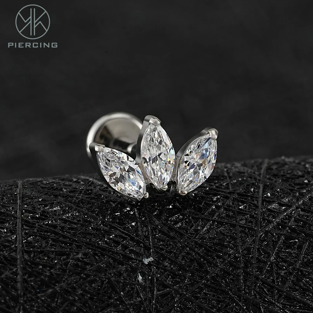 ASTM F136 Titanium Triple-Marquise CZ Stud Earring 16G 18G Cluster Cartilage Helix Tragus Lip Piercing For Women and Men