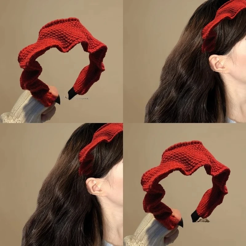 

Vintage red knitted headband women's high-end pleated wide-edge pressure hair headgear versatile headband