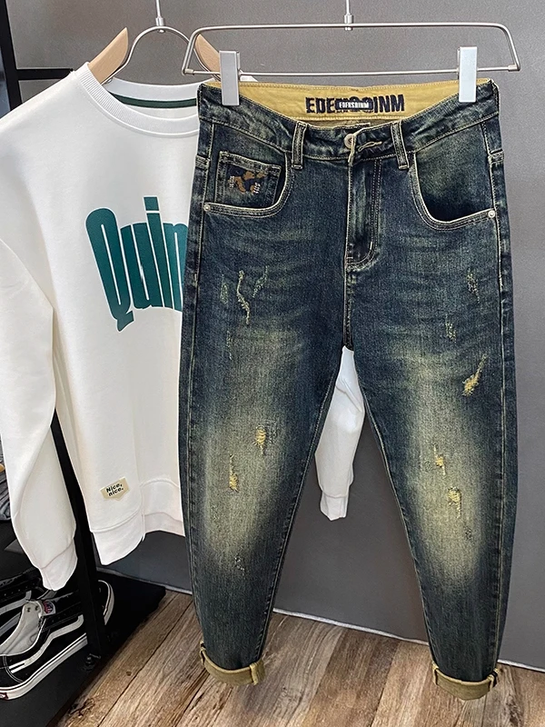 

Faionable Large Size Embroidered Patch Men's Jeans Retro American Sle Elastic Slim Fit Long Pants Casual Straight Leg Jeans