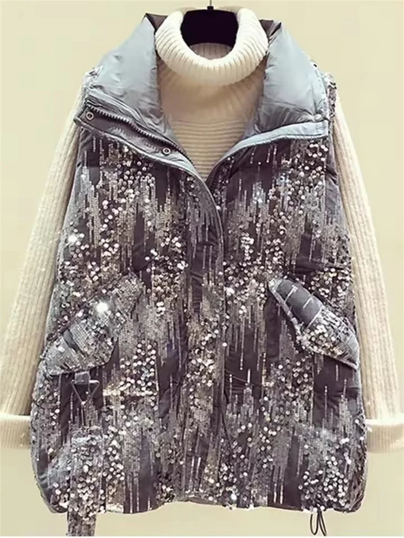 

New Sequins Stand-up collar Down Vest Jacket Women Autumn Winter Fashion Casual Waistcoat Zipper Big Pocket Sleeveless Outwear