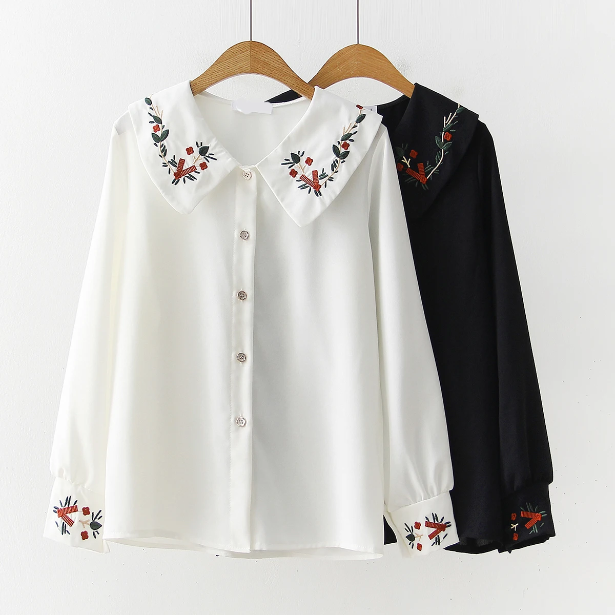 Vintage Flower Embroidery Shirts for Women, Turn-down Collar, Lantern Sleeve, Loose Lady Tops, Elegant Outwear, Summer, 2024