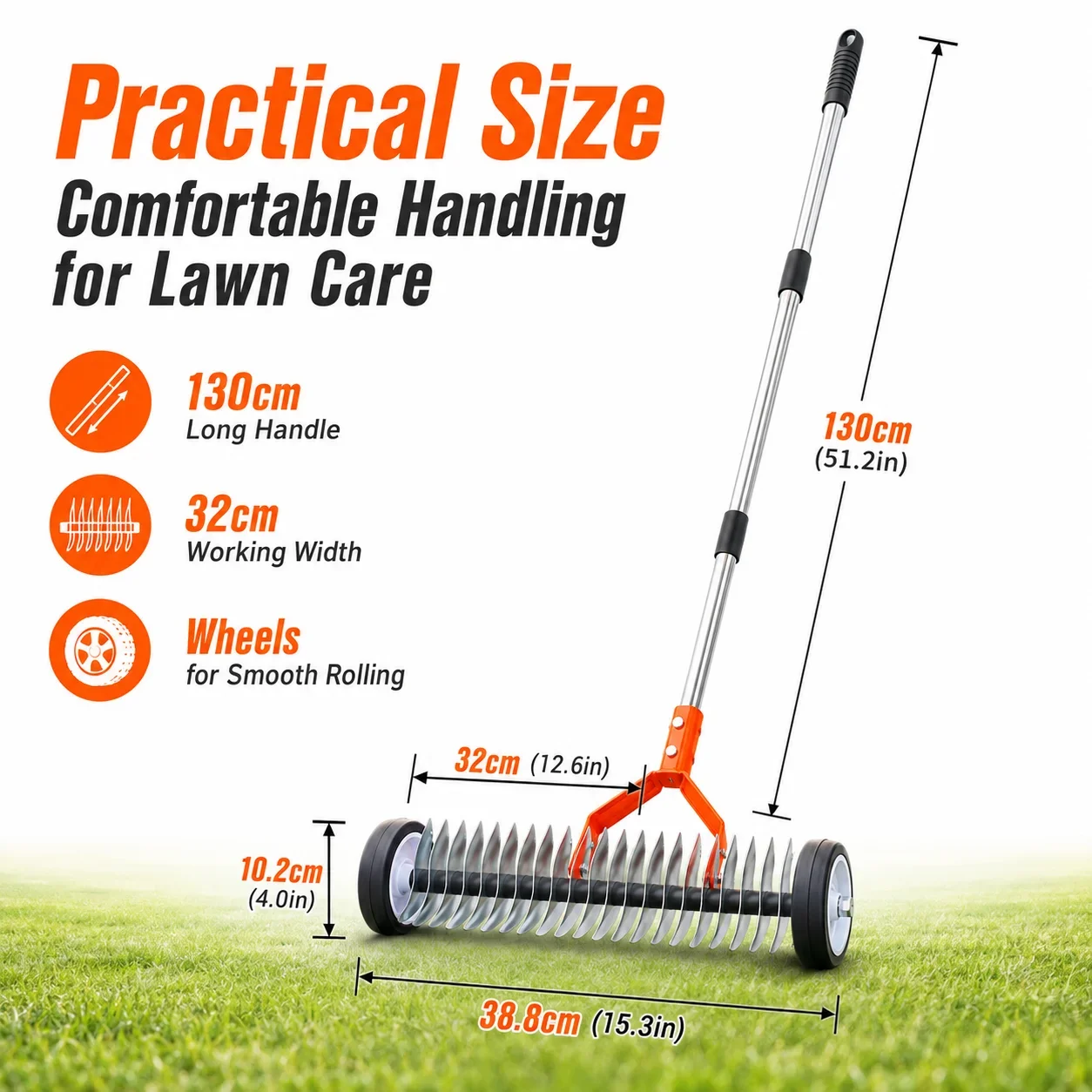 Rolling Lawn Rake with Wheels, Garden Weeder, Thatch Rake, Leaf Rake, Grass Dethatcher, Soil Loosener, Yard Cleaning Tool