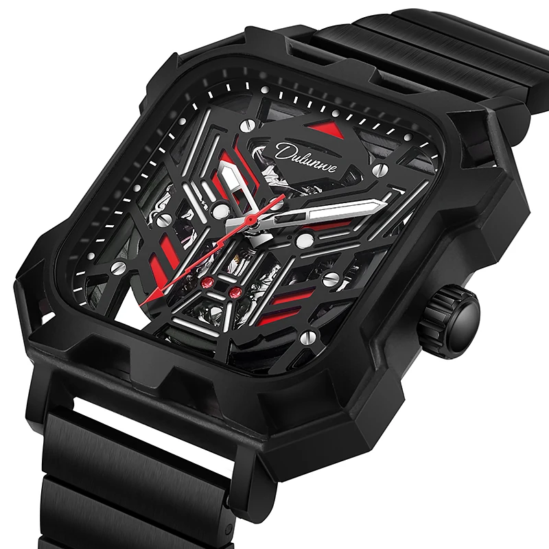 Square Skeleton Automatic Mechanical Watch For Men Stainless Steel Strip Men's Watches Luxury Waterproof Man Hand Clock