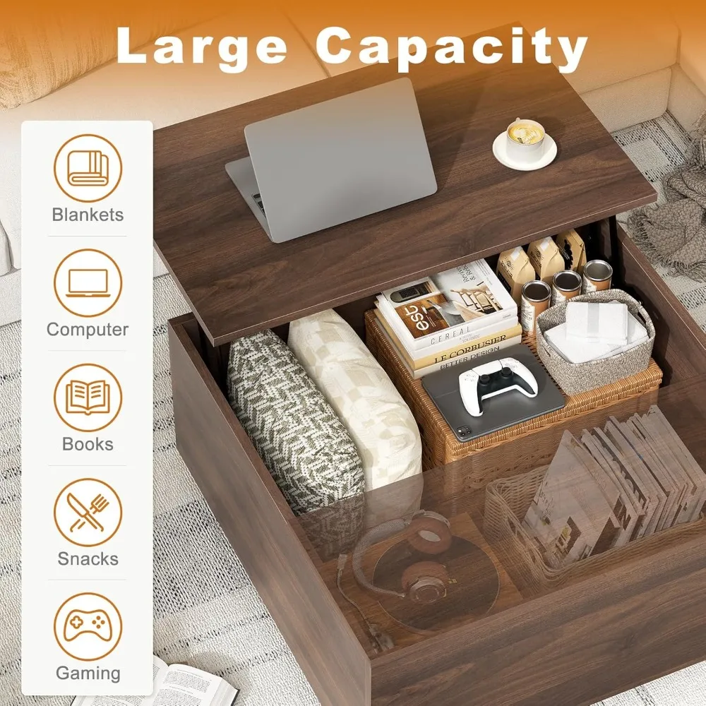 Mesa de centro elevatória, mesa de centro quadrada de madeira com armazenamento, mesas de centro de fazenda com compartimento de armazenamento oculto