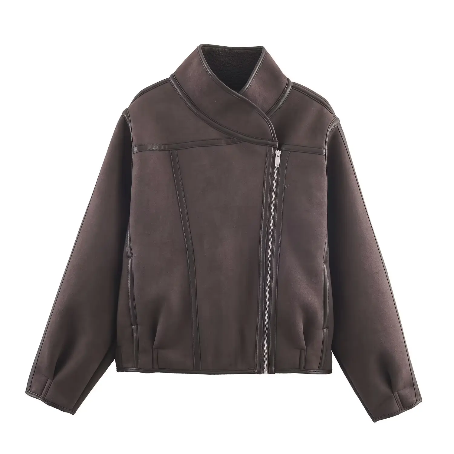 

DiYiG WOMAN 2025 Winter New Fashion Faux Leather Patchwork Jacket Retro Long Sleeve Joker Zipper Coat Outerwear Mujer