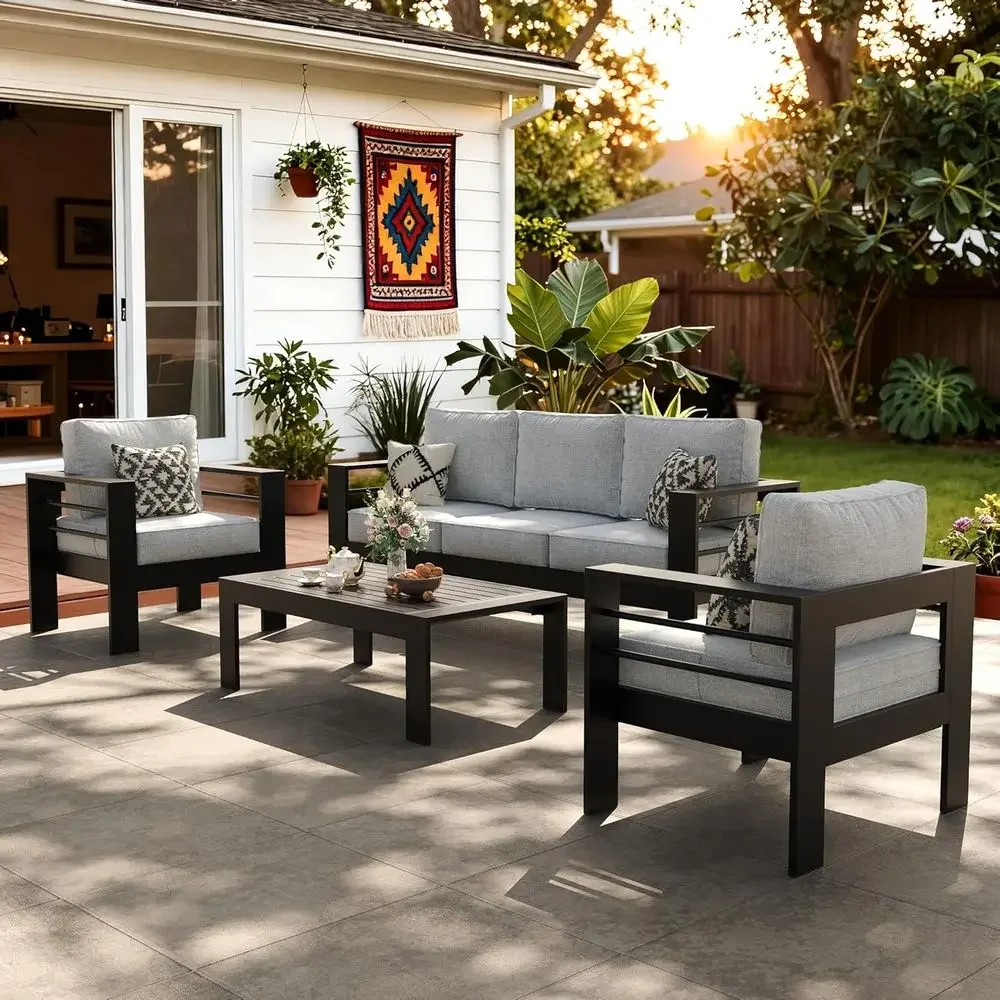 Conjunto de Muebles de Exterior, 4 Piezas, Conjunto de Asientos Modulares para Patio con Mesa de Centro