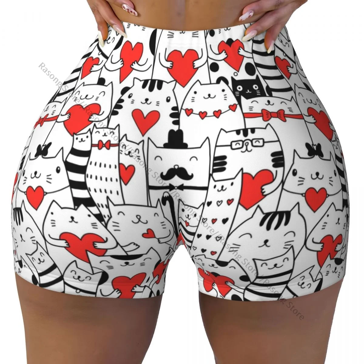 Women's Yoga Shorts Black White Cats Holding Hearts Scrunch Booty Butt Lifting Comfort Fitness Gym