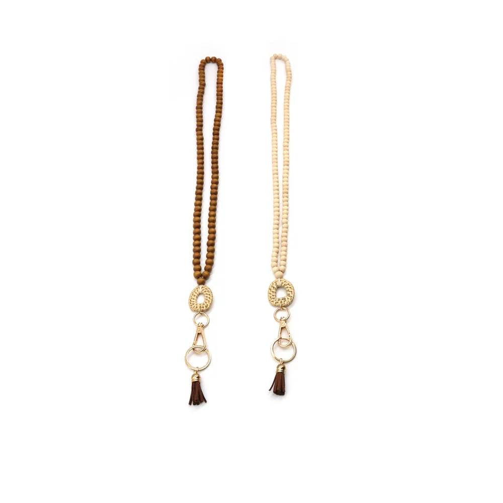 

CX Wood Bead Beaded Tassel Necklace Lanyard Hexagonal Braided Wood Chip Keychain