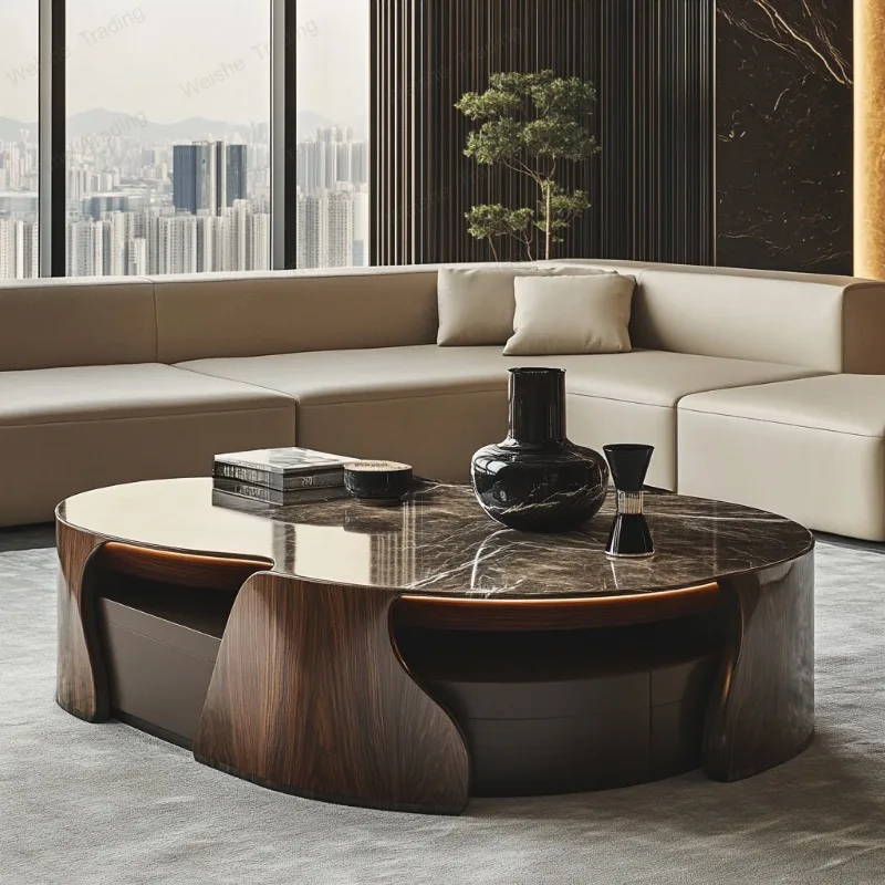 European-style luminous marble coffee table living room, square modern, large flat-floor luxury stone light luxury villa