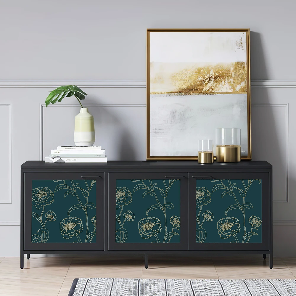 Gold Line Floral Peel And Stick Wallpaper Dark Blue Self Adhesive Waterproof Wallpaper Removable Bathroom Kitchen Contact Paper
