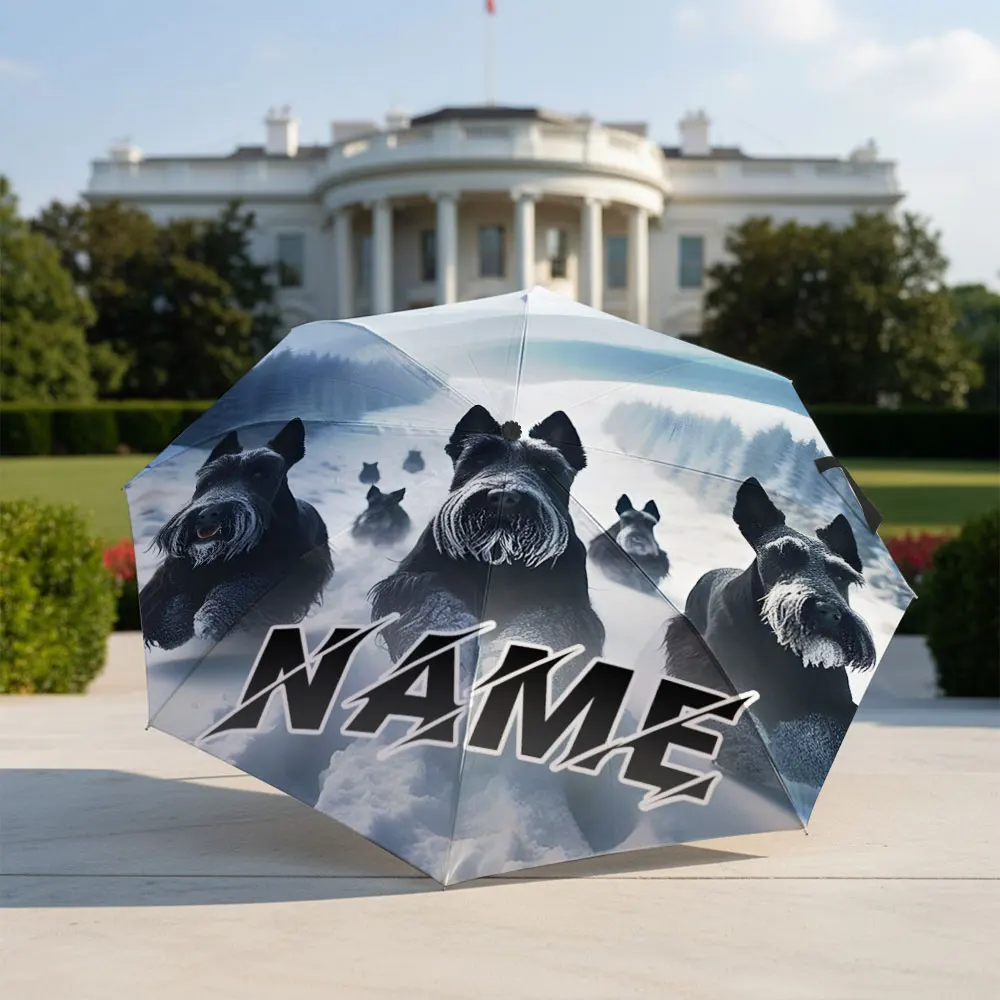Custom Name Umbrella Group Of Schnauzer Dogs Running In Snowy Mountain Print Compact Folding Travel Parasol Pet Holiday gift