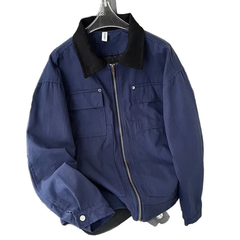 سترة عمال أمريكية كلاسيكية فضفاضة غير رسمية للرجال نمط الطيار ملابس خارجية عصرية من ألياف البوليستر بسحاب إغلاق ربيع الخريف
