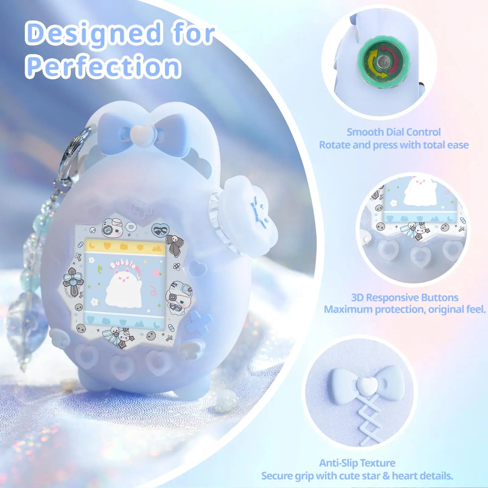 Bunny Polarized Silicone Case for Tamagotchi Paradise – Cute 4-Piece Set with Knob Cap , Faceplate Insert & Star Charm