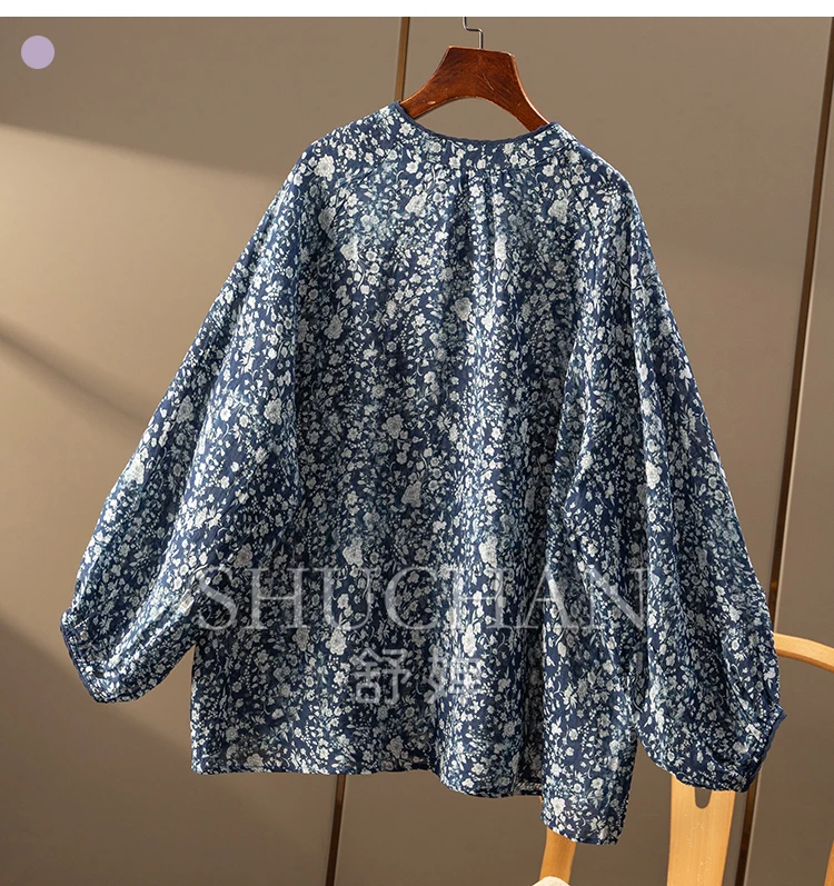 2025 Ramie Retro Literary Floral Lantern Sleeve Stand-up Collar Shirt New Female Long Sleeve Top and Blouse Women