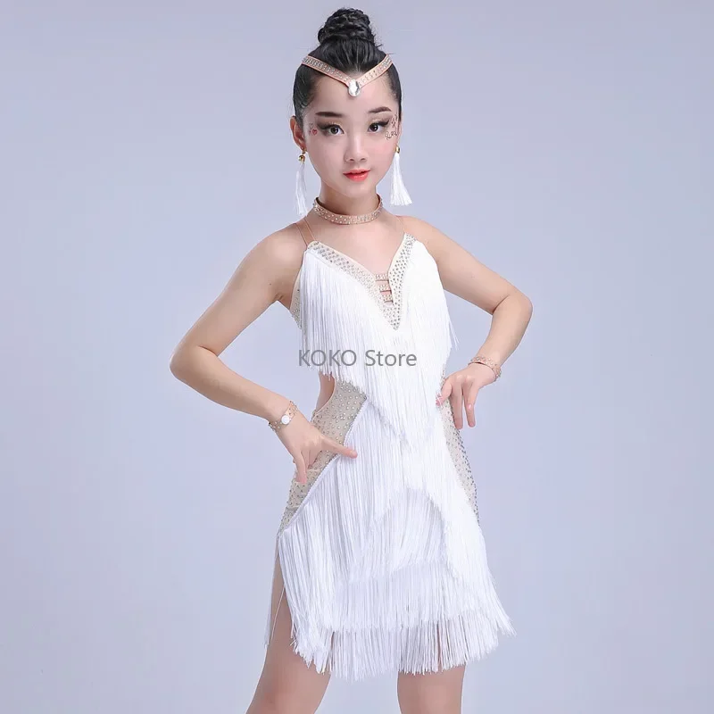 

2025Girls Kids Latin dance Dresses Children Sequined Tassels fringes Modern Ballroom Latino Dresses For Dancing Outfits