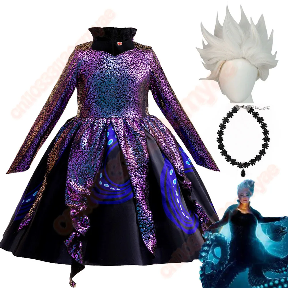 هالوين الشر الأخطبوط الساحرة تأثيري ازياء مضحك المخلوقات البحرية أورسولا فستان بتصميم حالم شعر مستعار كرنفال فستان الحفلات