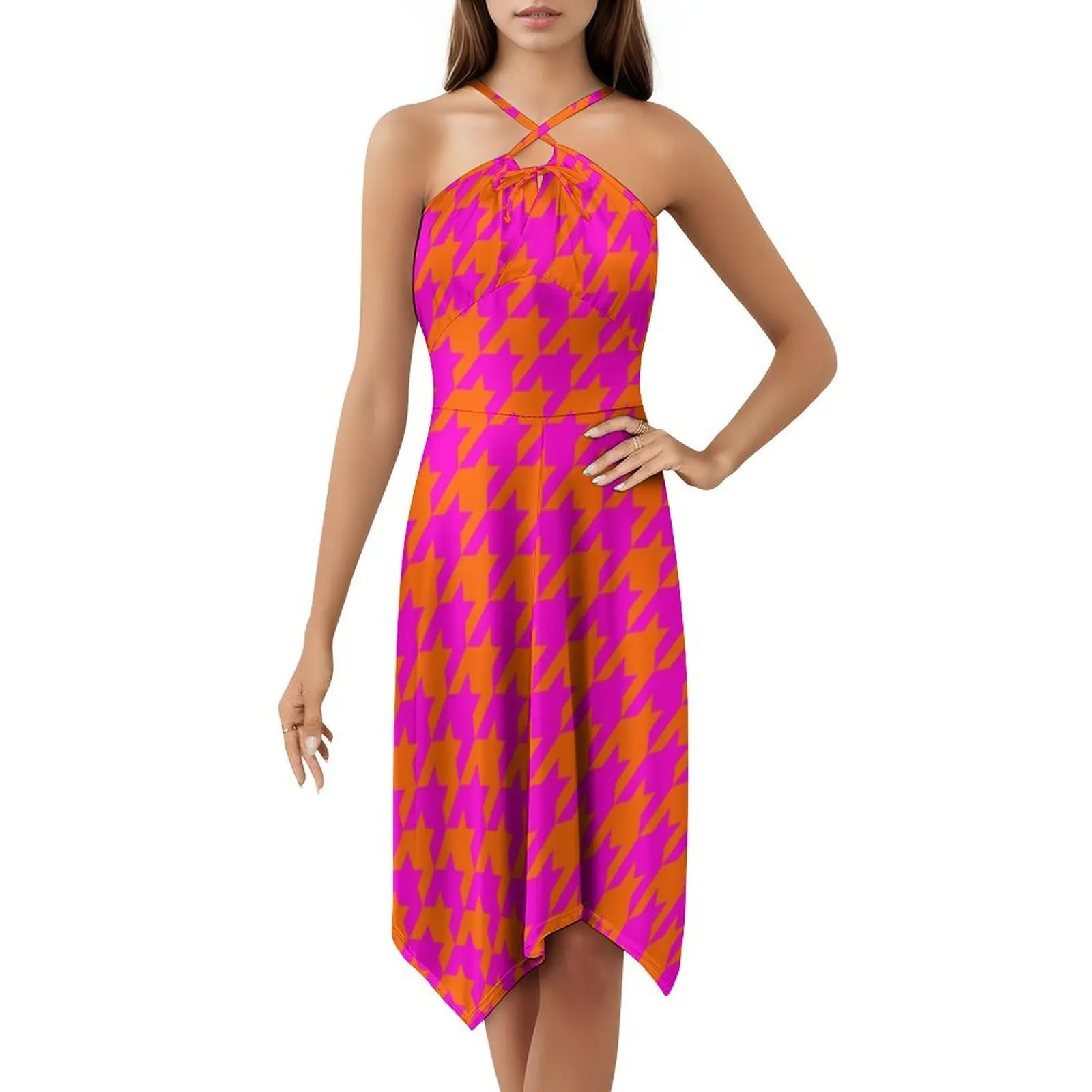 Rosa e laranja houndstooth estilo preppy mini vestido para mulher a linha solto ajuste casual vestido de dia grande houndstooth dogstooth rosa