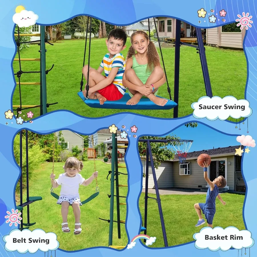 مجموعة أرجوحة معدنية شديدة التحمل للعب في الفناء الخلفي في الهواء الطلق: معدات ملعب متعددة الوظائف 5 في 1 مع طائرة شراعية مدمجة لـ Todd #4