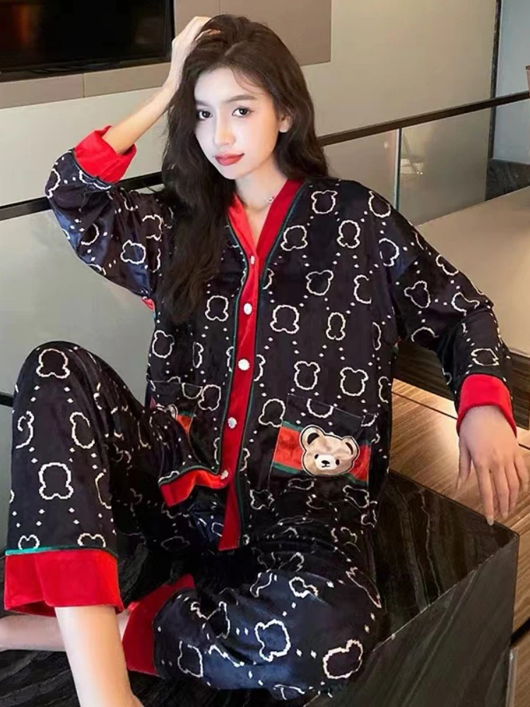 Plus Size Golden Velvet Bear Pajamas Suit Women Spring Autumn High Quality Red V-Neck Top+Pants Korean Outer Wear Home Clothes