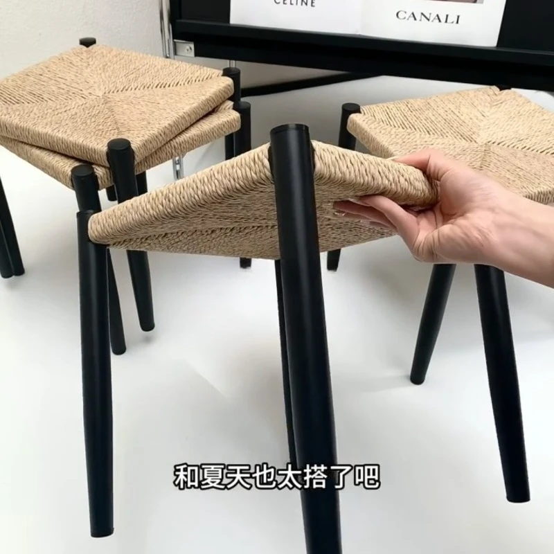 Rattan stool hand-woven square home living room low stackable hospitality spare stool retro Chinese style