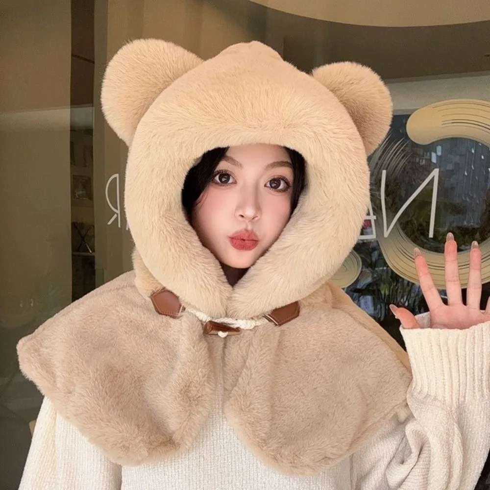 

New Cute Bear Integrated Hat Scarf Set Fluffy Fur Warm Pullover Cap Coldproof Windproof Hooded Hat Gift