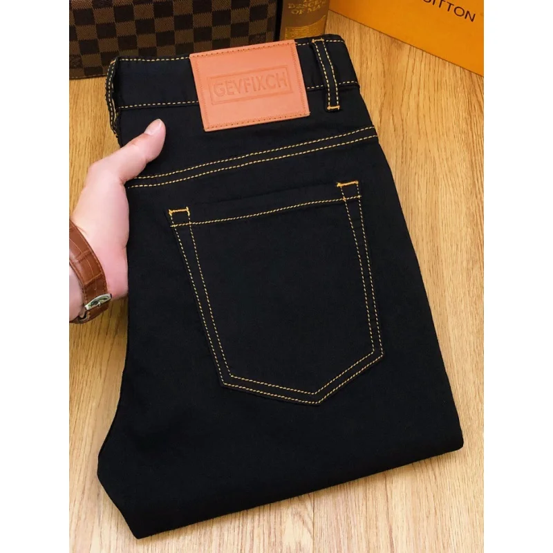 Khaki Jeans for Men2024Year Spring and Summer Thin Versatile Simple Classic Washed Stretch Slim Fit Ankle Tight Trousers