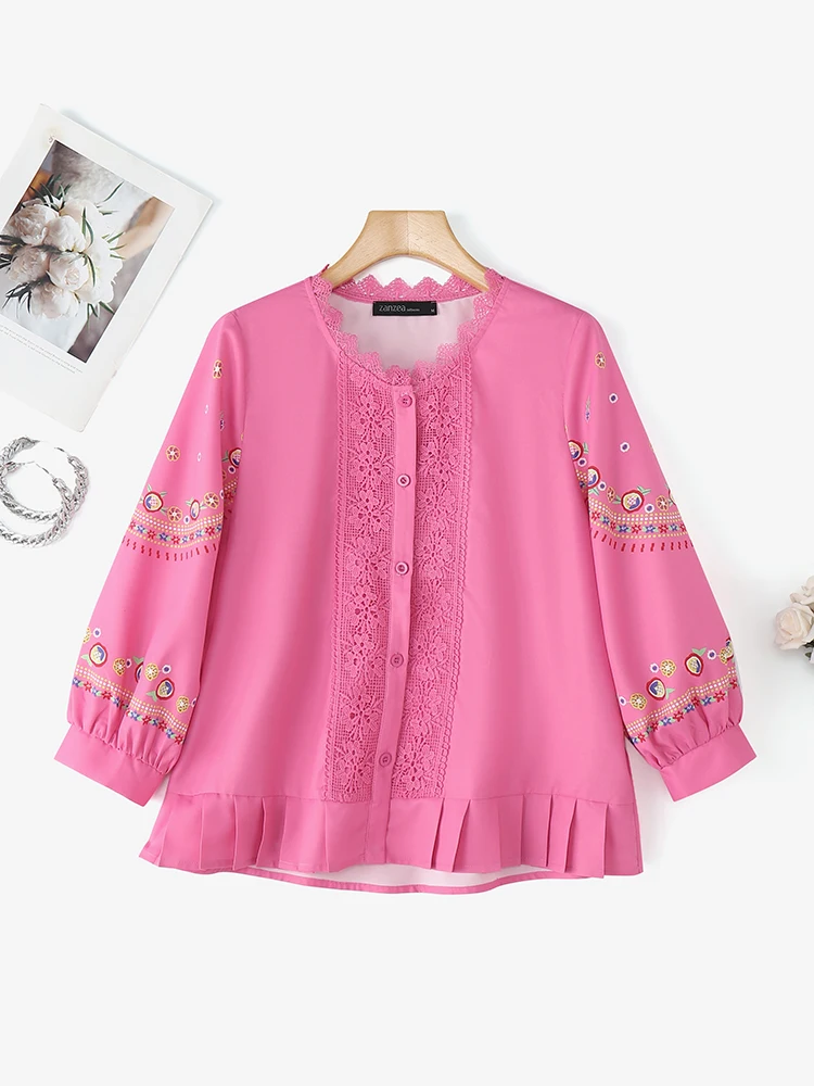 ZANZEA Elegante Spitze Patchwork Frau Shirts Herbst 2025, Oansatz 3/4 Laterne Hülse Plissee Saum Tops Böhmischen Frauen Streetwear 3XL