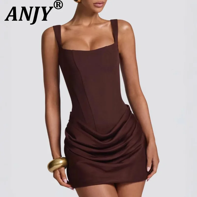 

ANJY 2026 Новое летнее женское модное сексуальное облегающее платье с драпировкой, квадратным вырезом, без рукавов, с запахом на бедрах, шикарное A19733