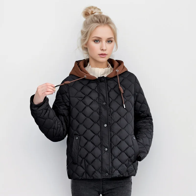 

Female's Winter Parka Jacket Diamond-Quilted Single Breasted Hooded Padded Coat For Lady Cropped Contrast Striped Women's Coat