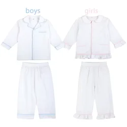 Mudbala Spring And Summer White Seersucker Pyjamas Set Piping Toddler Baby Boy And Girls Sibling Matching Kids Ruffle Pajamas