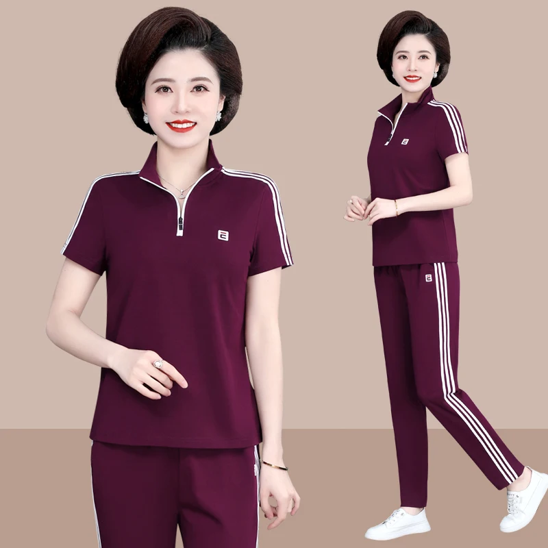 

New 2025 ort Sve T-irt Set for Middle-Aged Mothers Summer Sportswear Casual Chic Two-Piece Women's Faionable Outfit