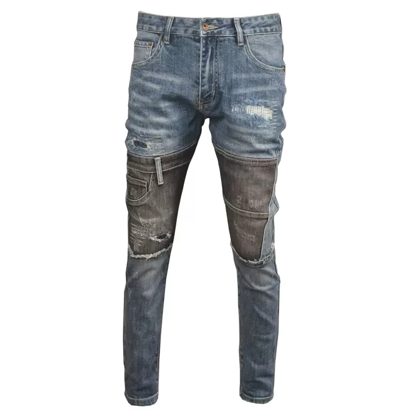 Fashion Streetwear Men Jeans Retro Blue Stretch Slim Fit Vintage Ripped Jeans Men Trousers Patched Designer Hip Hop Pants Hombre