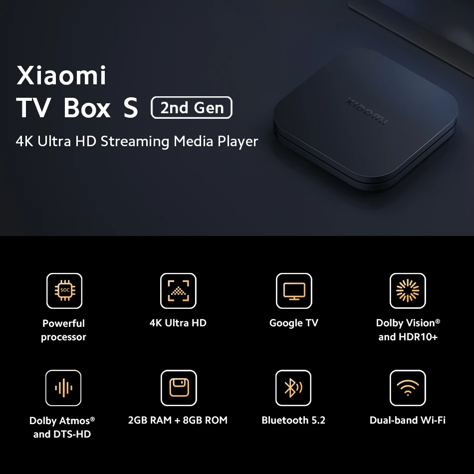 Xiaomi Mi TV Box S 2. Generation Global Version Smart TV Box Media Player 4K Ultra HD BT5.2 2GB 8GB Android Google TV Google Assistant