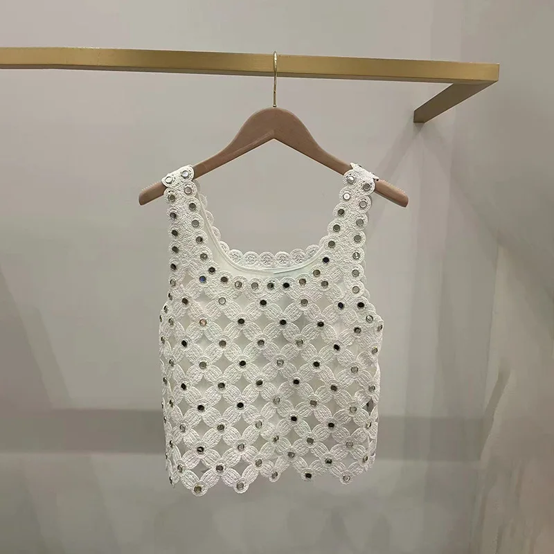 

Summer Women Hollow Crochet Rhinestone Set Sleeveless O-Neck Cropped Knitted Top + High Waist Wide Leg Pants+Elegant Mini Dress