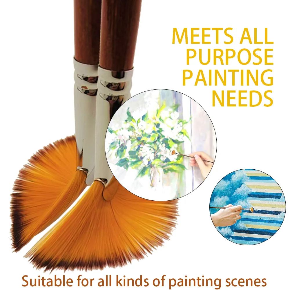 مجموعة فرش مروحة مكونة من 9 قطع من فرش الفنان المصنوعة من النايلون المضاد للفقدان للألوان المائية والأكريليك والحبر والغواش والزيت ولوحة درجة الحرارة