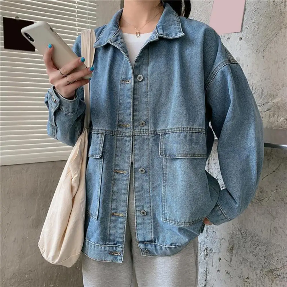 1Pc Stylish Denim Jacket Single-breasted Design Women Denim Jacket with Retro Vibes Oversized Women\'s Denim Jacket for Commuting