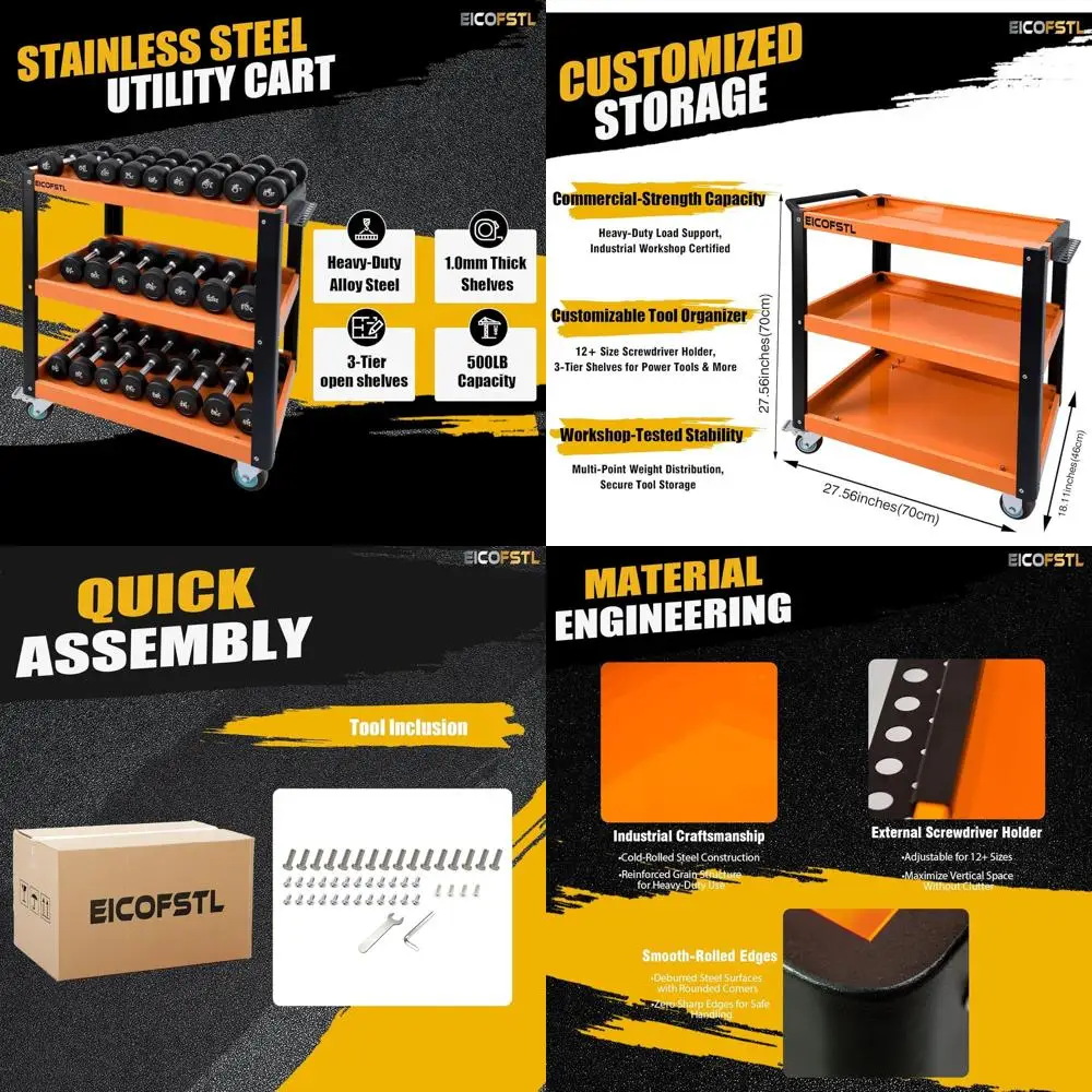 

Industrial-Grade 3-Shelf Steel Tool Cart with Screwdriver Rack and Lockable Wheels, 500 lbs Capacity for Workshop and Garage Sto