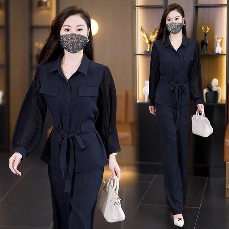 

Ранняя осень, комплект из двух предметов, женский комплект из 2 предметов, новый однобортный воротник с лацканами, рубашка на шнуровке + прямые брюки, однотонный комплект