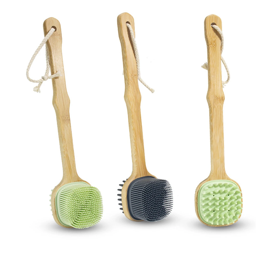 Double-sided Long Handle Bath Exfoliating Wooden Silicone Back Body Brush Soft SPA Skin Foam Massage Brush Shower Accessories