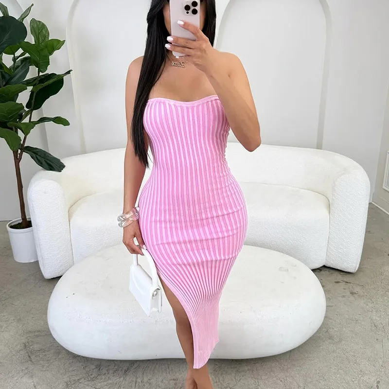 

Vintage Elegant Striped Knitted Bodycon Midi Dress Women Sleeveless Strapless High Waist Side Split Vacation Party Beach Dresses