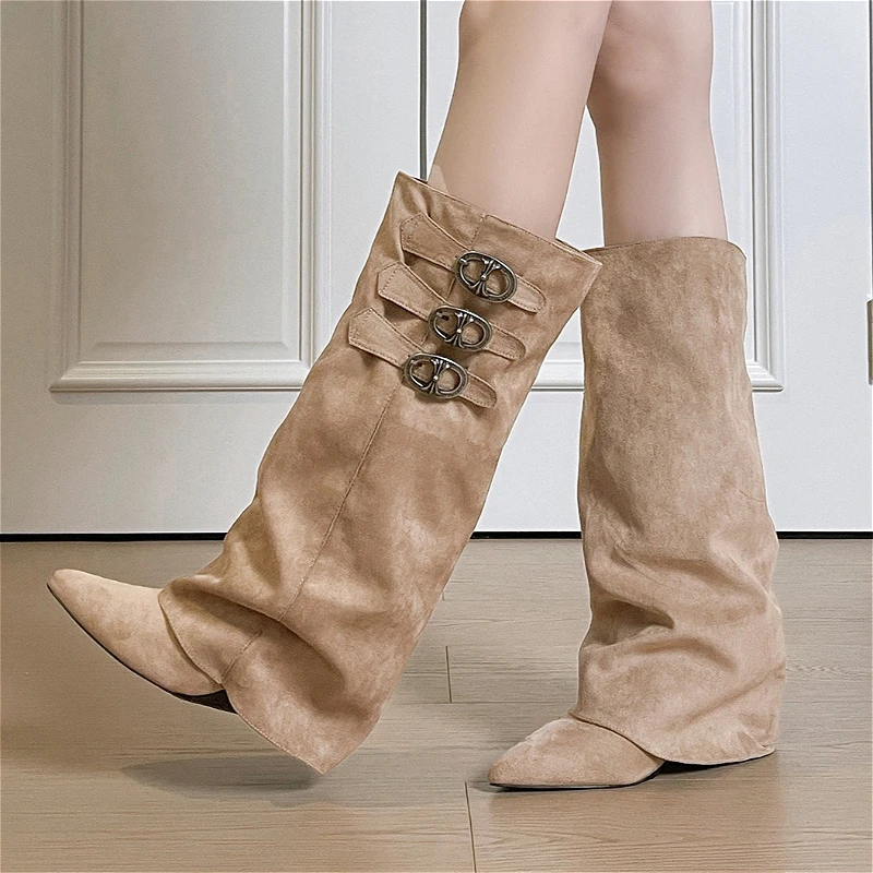 الجلد المدبوغ مصمم الكعوب فارس أحذية النساء أشار تو مشبك معدني النساء أحذية طويلة موضة قبعات رعاة البقر الغربية الشتاء أسافين الأحذية #4