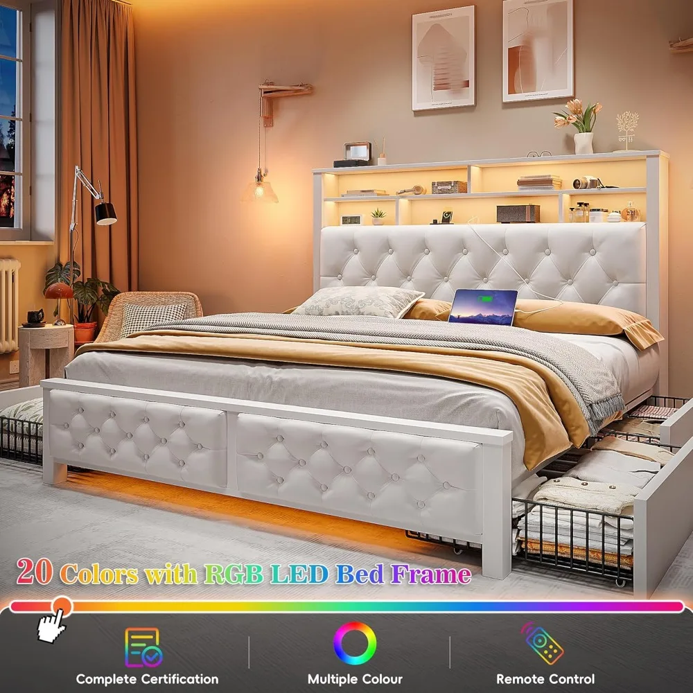 EnHomee Full Size Bed Frame with 4 Storage Drawers and Headboard,Velvet Platform Full Bed Frame with Charging Station and LED Li