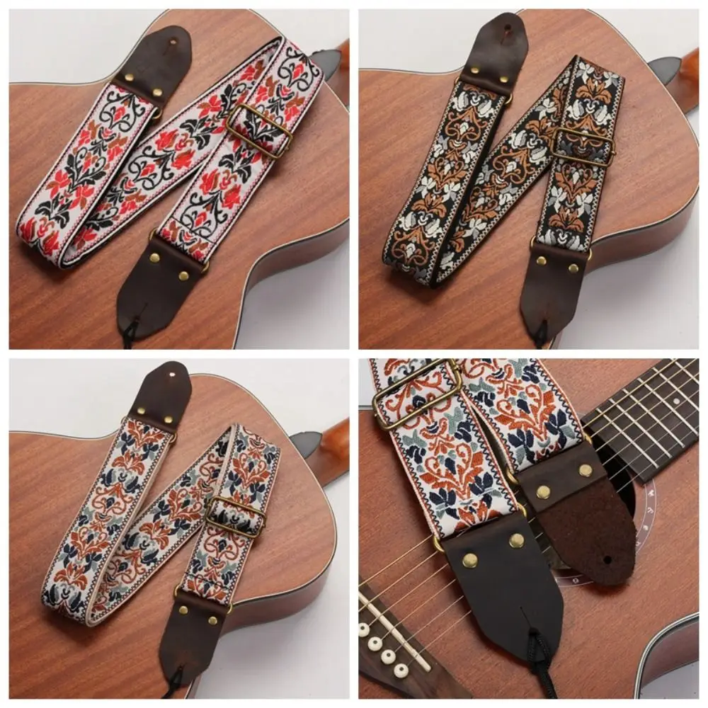 Vintage Flowers Embroidered Guitar Strap Leather Head Adjustable Guitar Strap Belt Ultra Thick Cotton Electric Guitar Belt