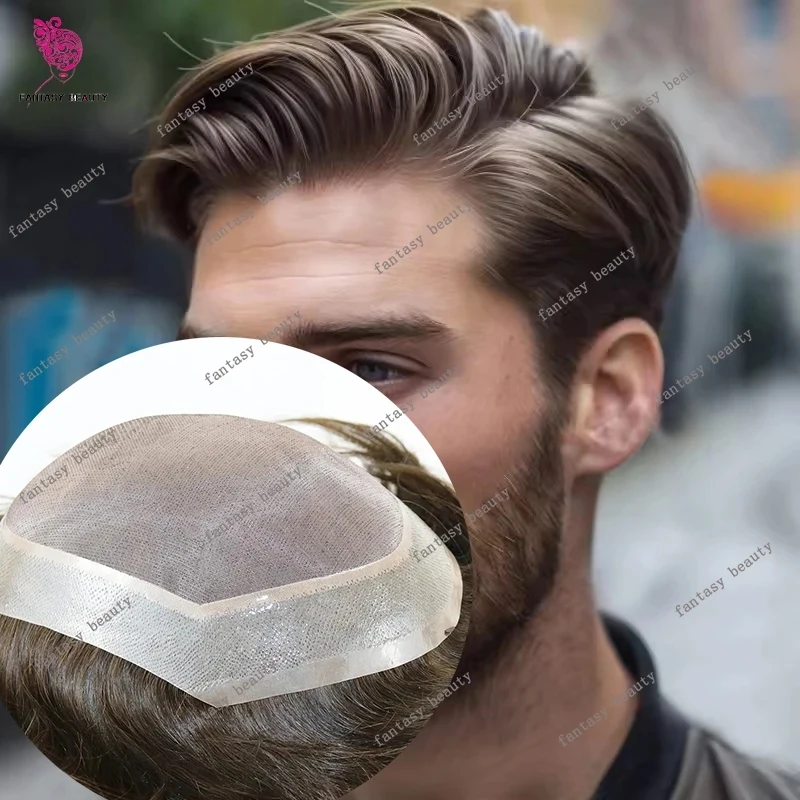 

Натуральный парик-протез из 100% человеческих волос с V-образным швом, основанием из ПУ и монофиламента, светлый, недорогая система замещения волос