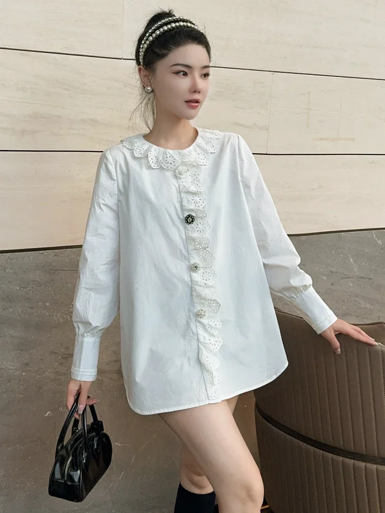 Personalized design lace collar shirt for women in winter 2024, fashionable temperament loose fit top suitable for commuting