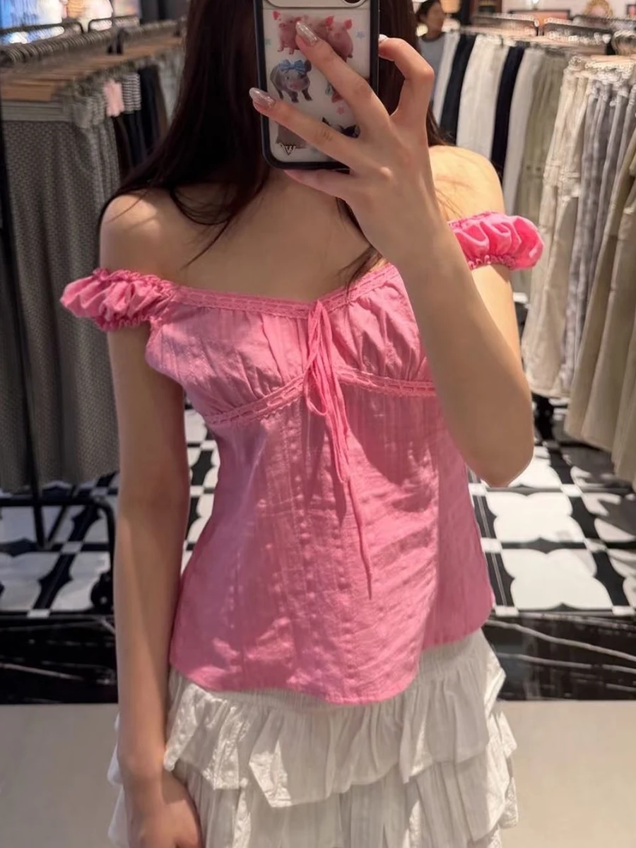 Vertical Jacquard Pink Slim Crop Top Woman Lace-up V-neck Back Elastic Band Puff Sleeve Cropped Tees New Simple Short T-shirts