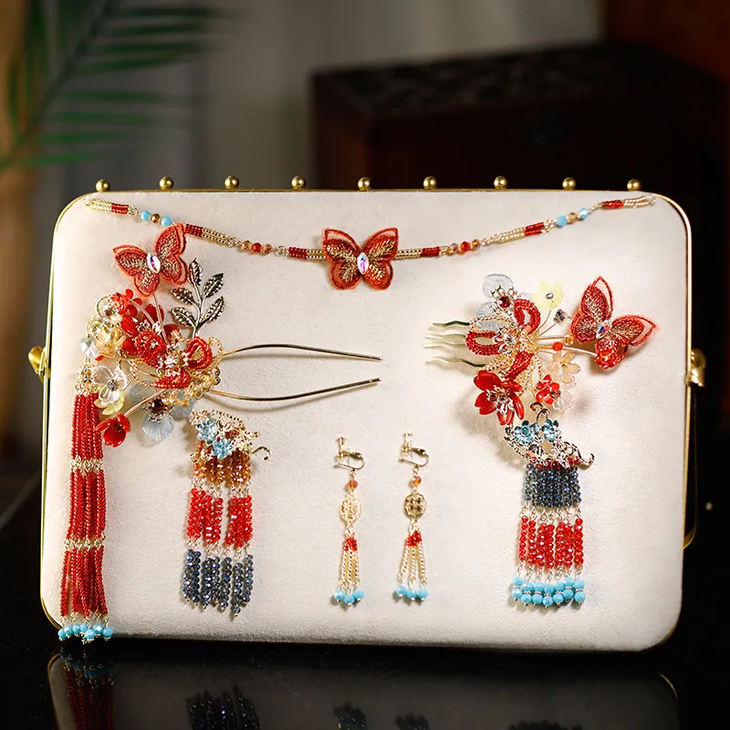 Xiuhe Headdress Red Flower Costume Chinese Wedding Jewelry Hair Clasp Simple and Elegant