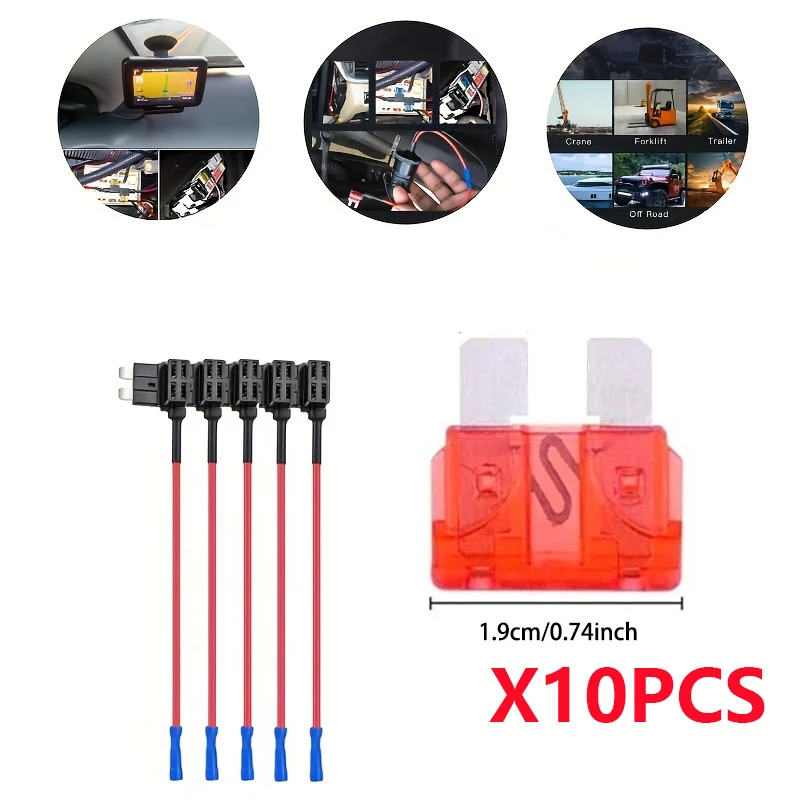 12 AWG Direct Insertion Fuse Holder with 10PCS 10A Blade Type Medium mini Super mini Fuses, Set of 15 Pieces