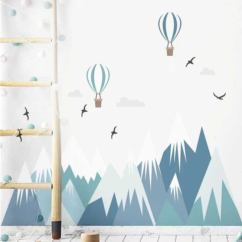 Scandinavian Style Mountain Wall Mural Peel and Stick Landscape Wall Sticker Seamless Fabric Wallpaper for Kids Room Decoration